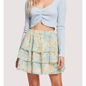 Lost + Wander Cottagecore Mini Skirt MEDIUM  Floral Ruffle Yellow Mountain Bloom